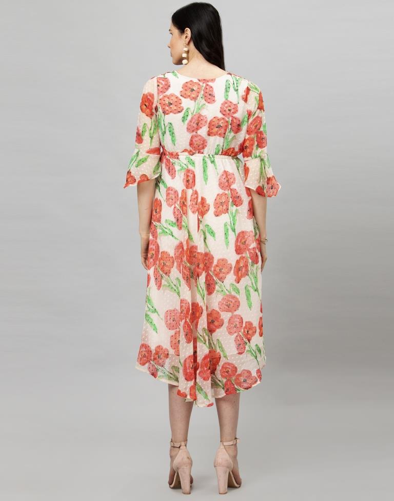 Off White Coloured Printed Chiffon Dress | Leemboodi