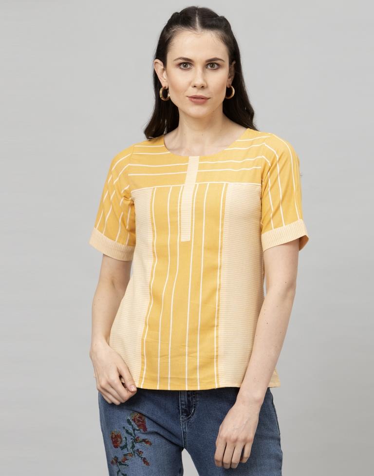 Majestic Yellow Coloured Self Woven Cotton Tops | Leemboodi