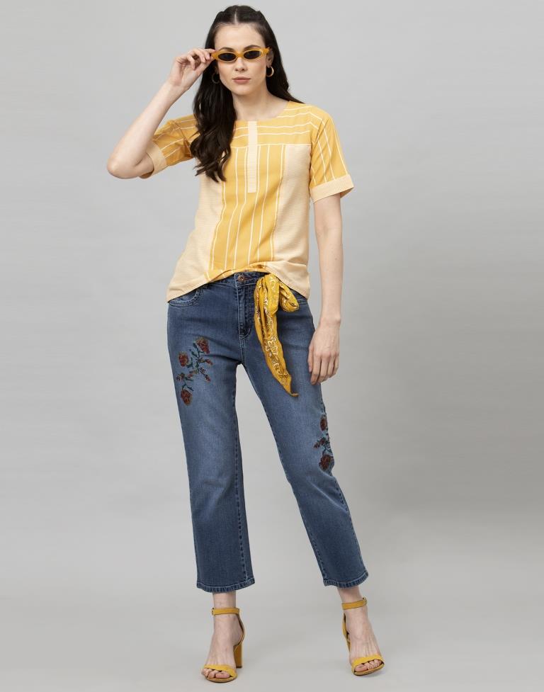 Majestic Yellow Coloured Self Woven Cotton Tops | Leemboodi