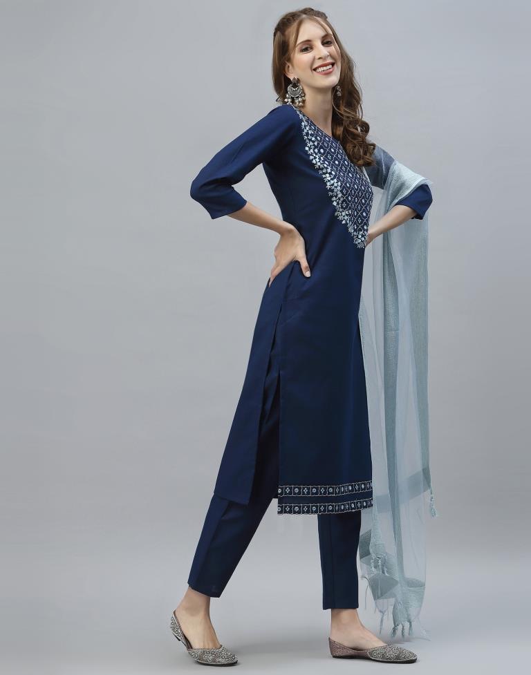 Buy Jaipur Kurti Teal Blue Embroidered Kurti Pant Set With Dupatta for  Women Online @ Tata CLiQ