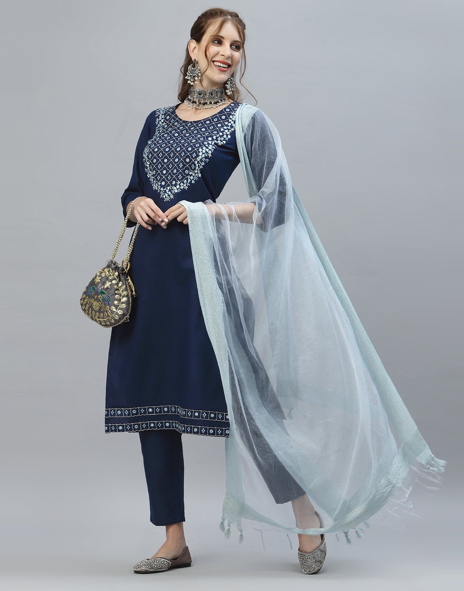 Navy Blue Kurti With Pant And Dupatta | Leemboodi