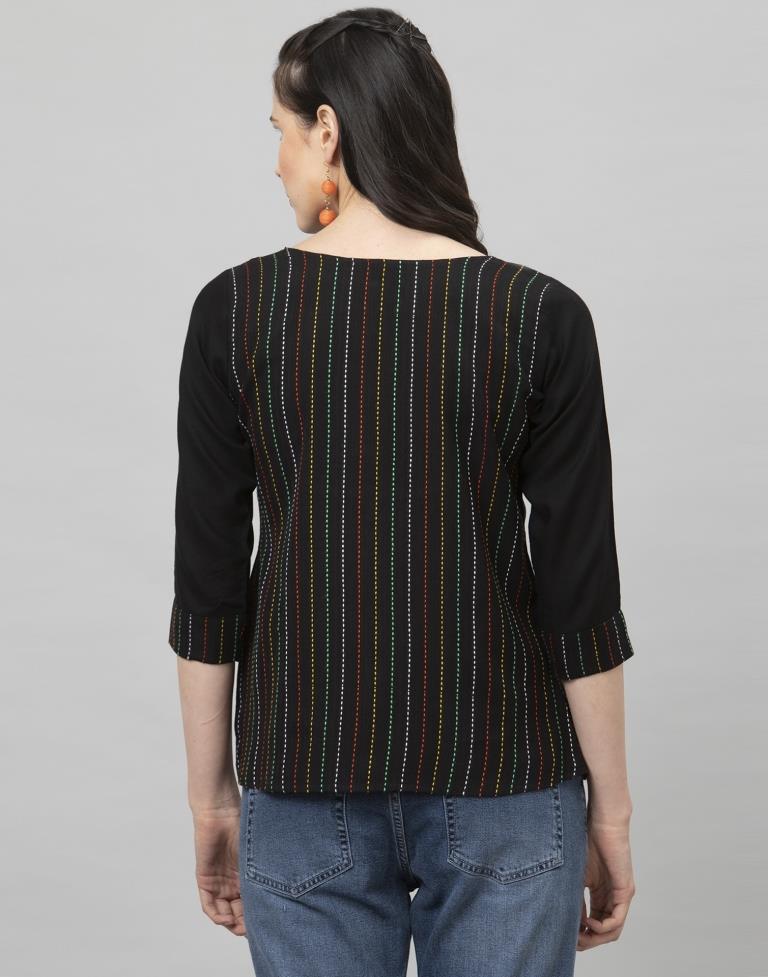 Dashing Black Coloured Woven Striped Cotton Tops | Leemboodi