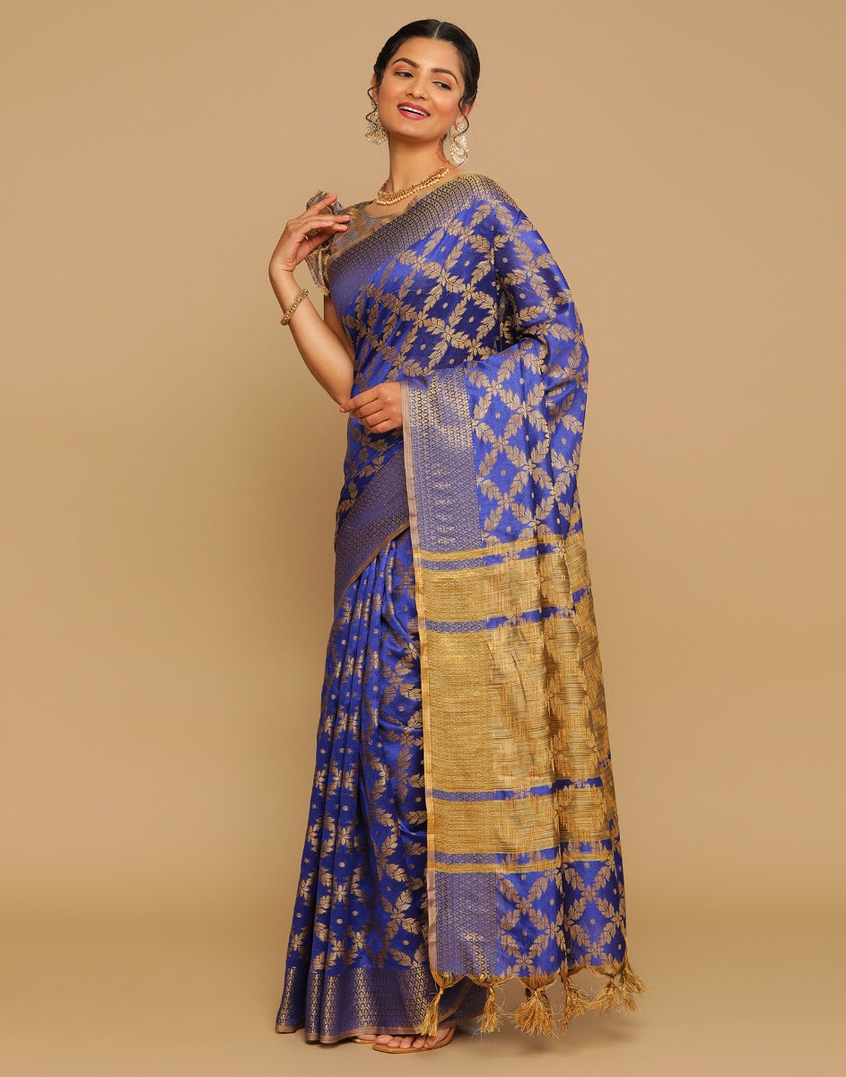 Royal Blue Coloured Banarasi Cotton Silk Saree | Leemboodi