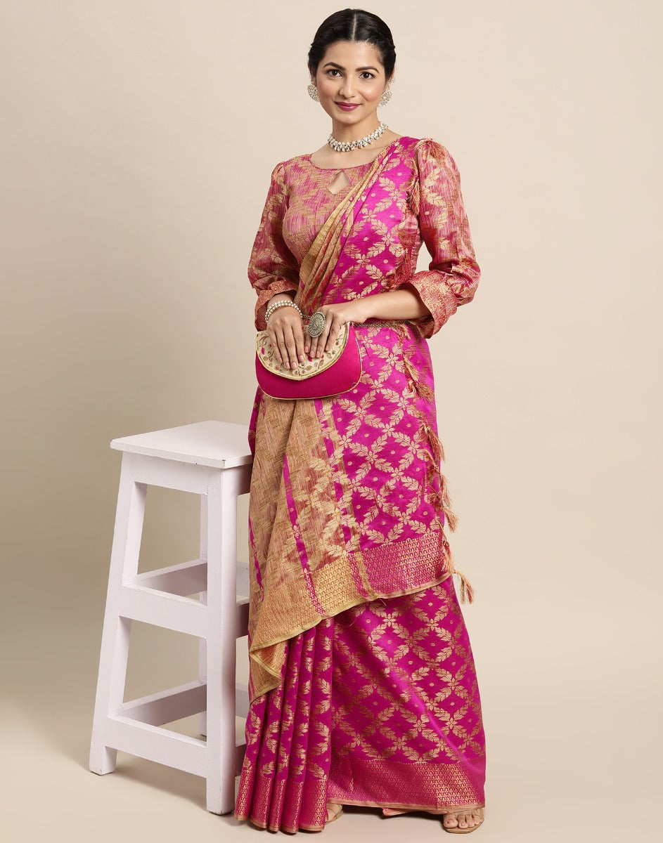 Pink Coloured Banarasi Cotton Silk Saree | Leemboodi