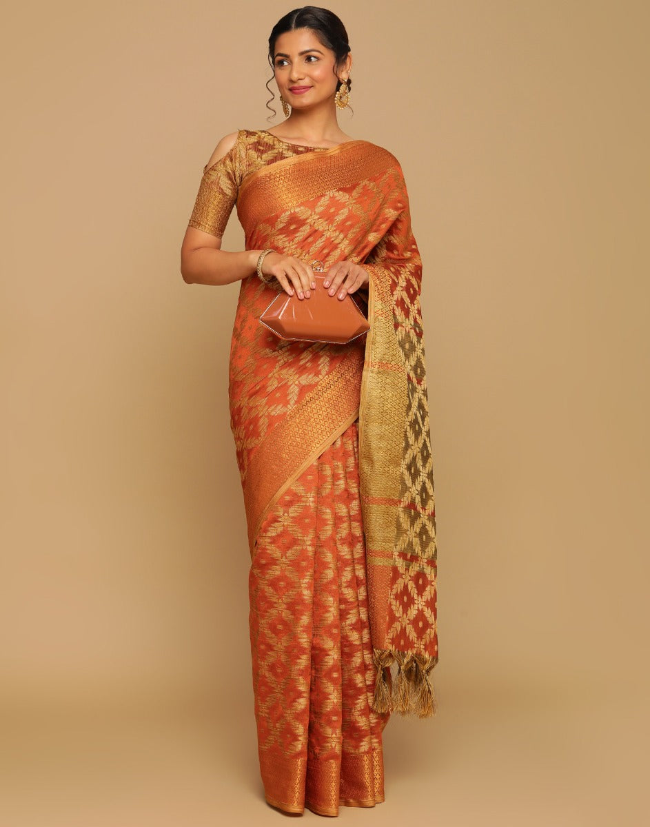 Buy Sariya Woven Banarasi Silk Blend, Jacquard Pink, Orange Sarees Online @  Best Price In India | Flipkart.com