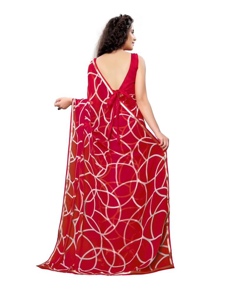Red Coloured Printed Chiffon Saree | Leemboodi