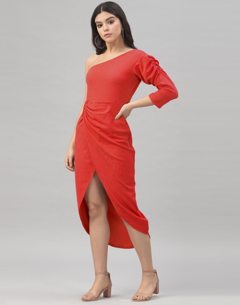 Enigmatic Red Coloured Knitted Lycra Dress | Leemboodi