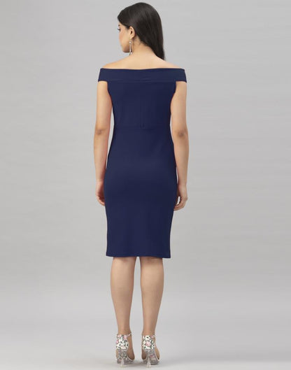 Navy Blue Coloured Knitted Lycra Bodycon | Leemboodi