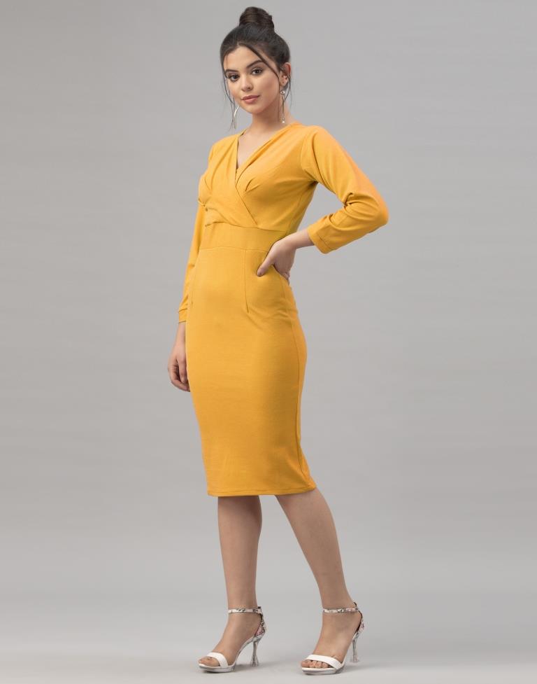 Vintage Mustard Yellow Coloured Knitted Lycra Dress | Leemboodi