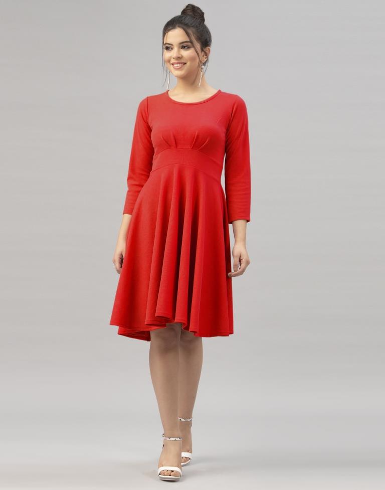 Lustrous Red Coloured Knitted Lycra Dress | Leemboodi