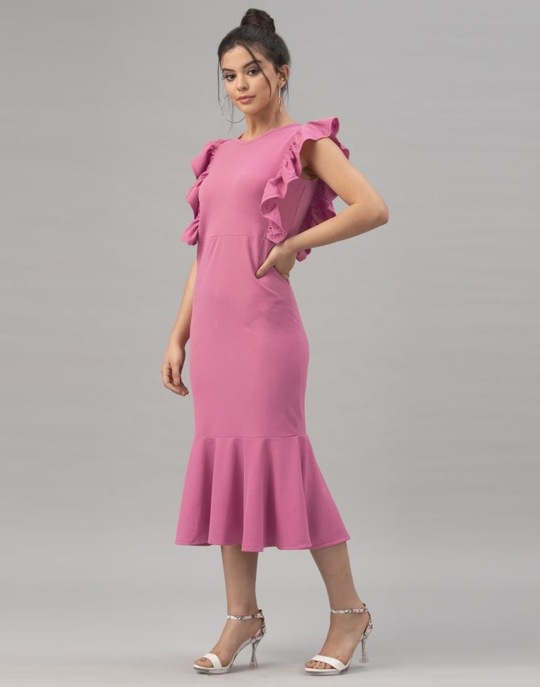 Mind Blowing Pink Coloured Knitted Lycra Dress | Leemboodi