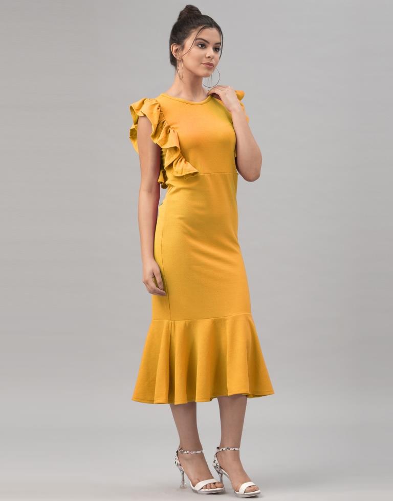 Blissful Mustard Yellow Coloured Knitted Lycra Dress | Leemboodi