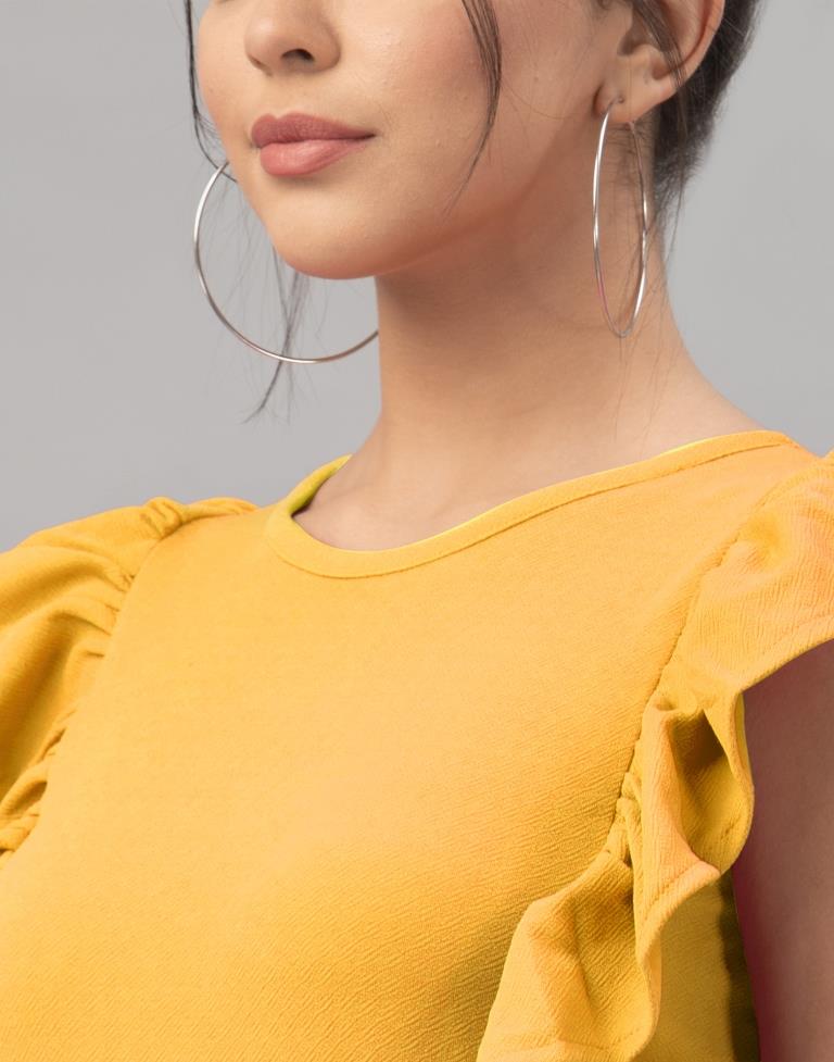 Blissful Mustard Yellow Coloured Knitted Lycra Dress | Leemboodi