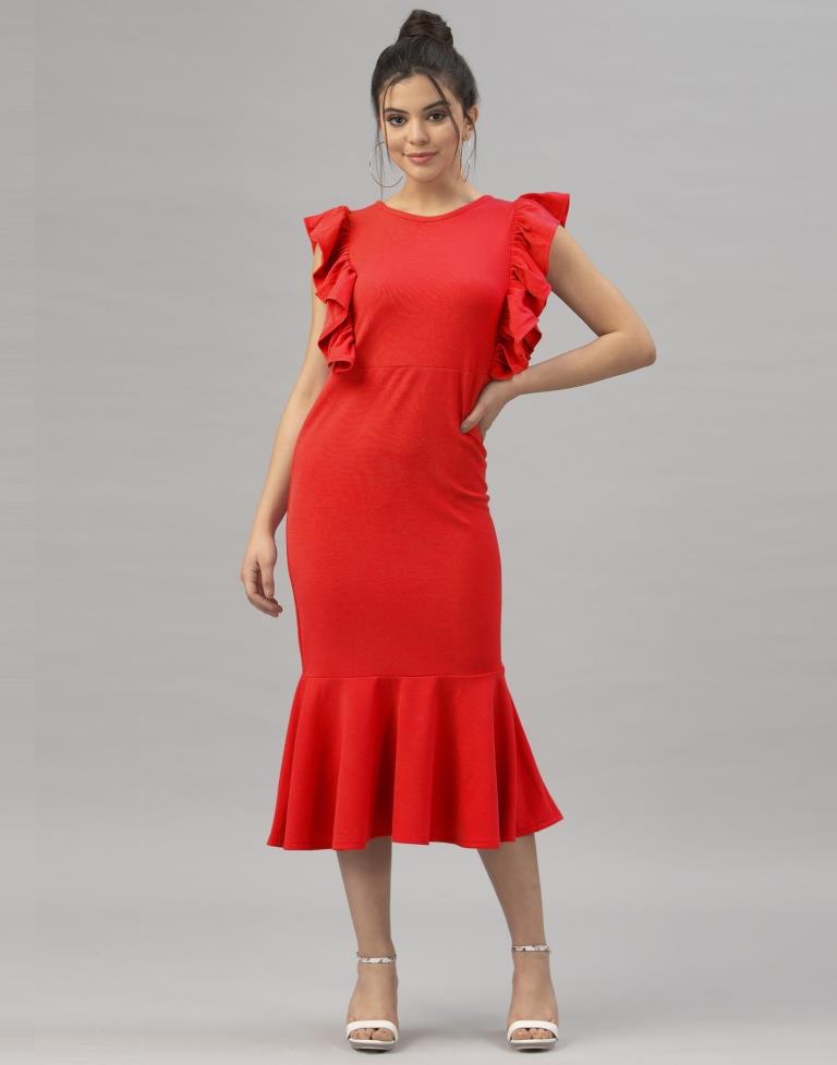 Sparkling Red Coloured Knitted Lycra Dress | Leemboodi