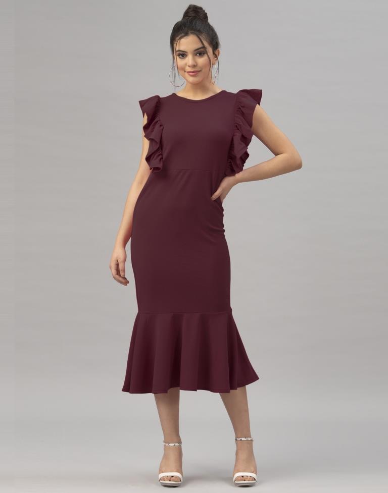 Charismatic Dark Brown Coloured Knitted Lycra Dress | Leemboodi