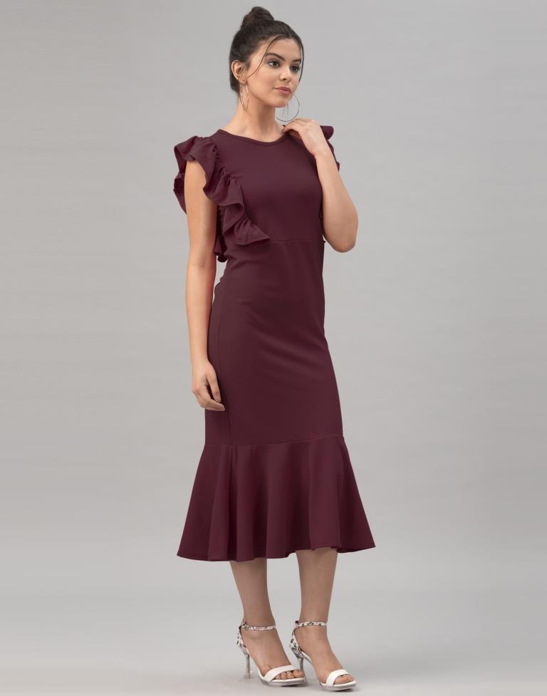 Charismatic Dark Brown Coloured Knitted Lycra Dress | Leemboodi