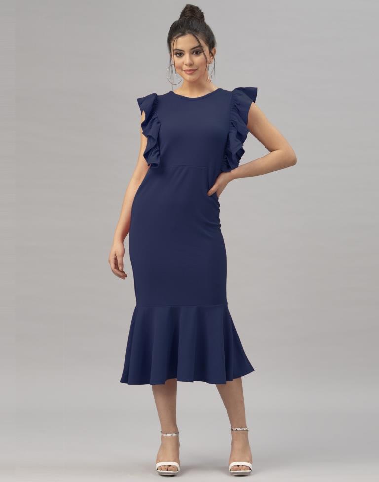 Navy Blue Ruffel Bodycon Dress | Leemboodi