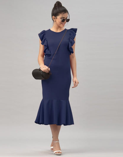 Navy Blue Ruffel Bodycon Dress | Leemboodi