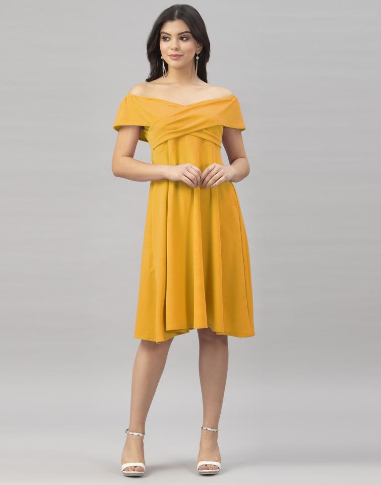 Rust Mustard Yellow Coloured Knitted Lycra Dress | Leemboodi