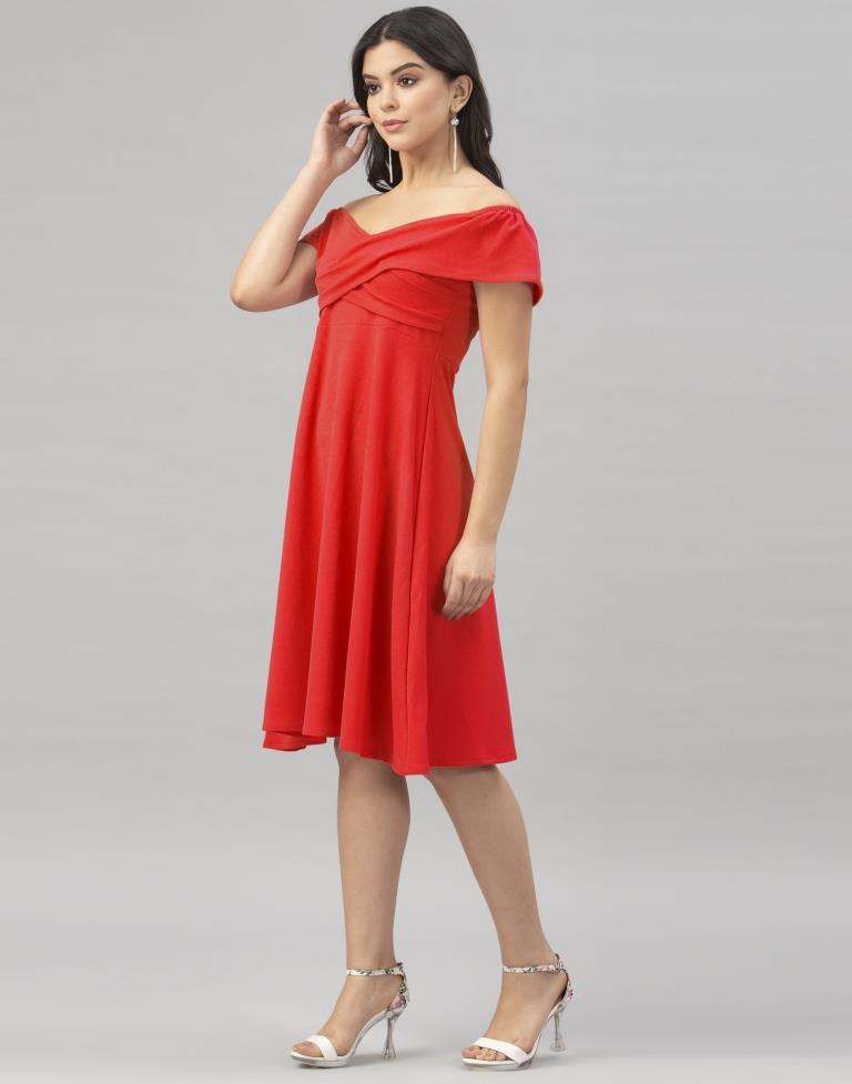 Impressive Red Coloured Knitted Lycra Dress | Leemboodi