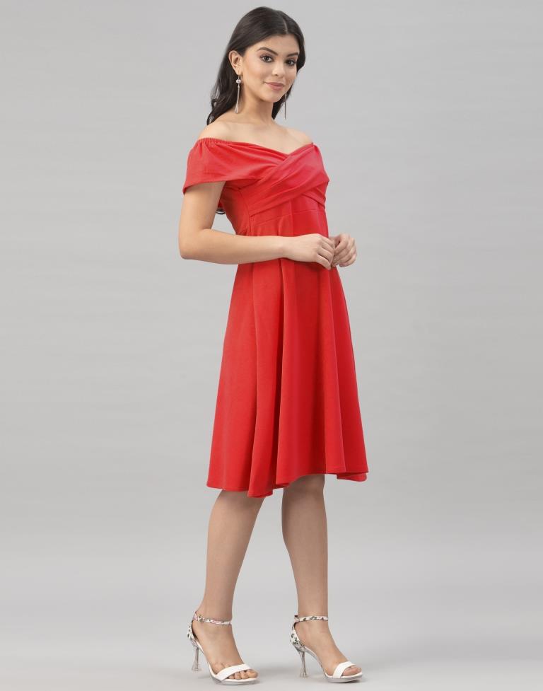 Impressive Red Coloured Knitted Lycra Dress | Leemboodi