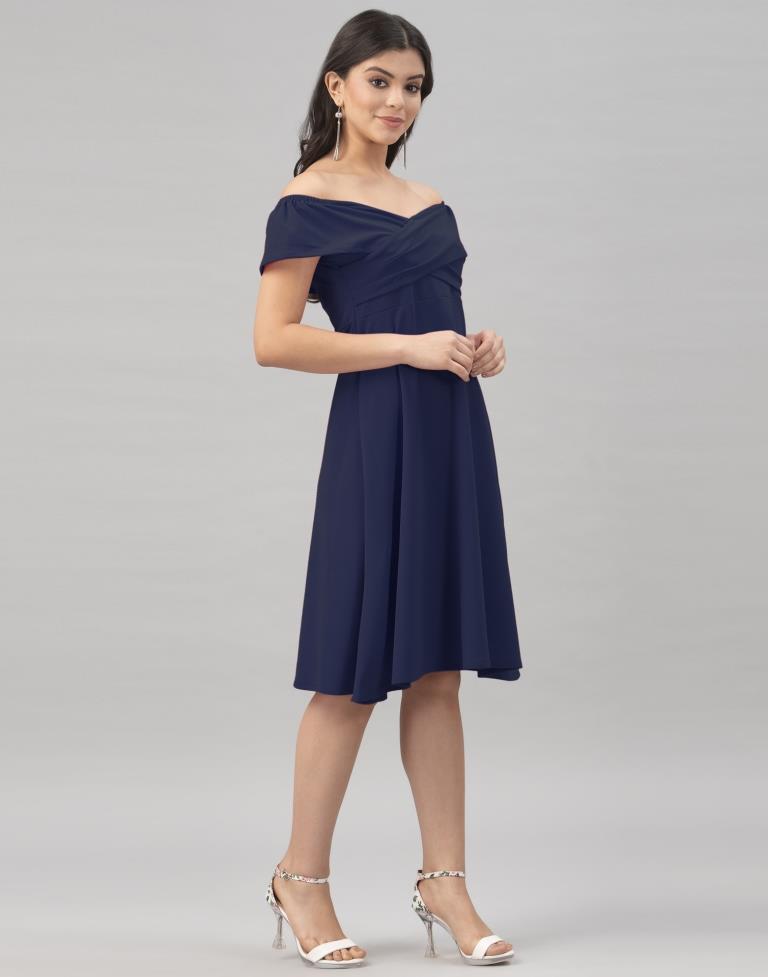 Peppy Navy Blue Coloured Knitted Lycra Dress | Leemboodi