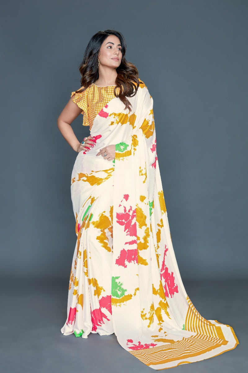 White Coloured silk Satin Printed Saree | Leemboodi