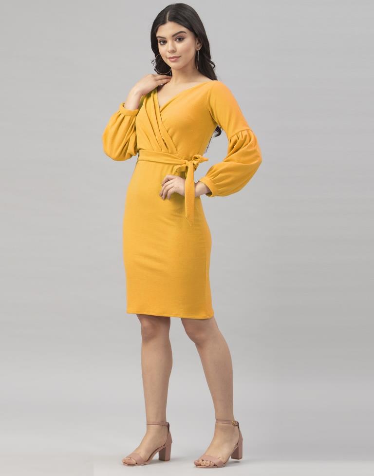 Bewitching Mustard Yellow Coloured Knitted Lycra Bodycon | Leemboodi