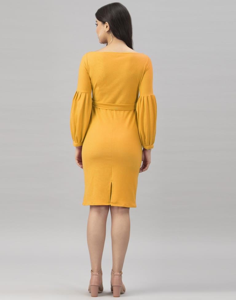 Bewitching Mustard Yellow Coloured Knitted Lycra Bodycon | Leemboodi