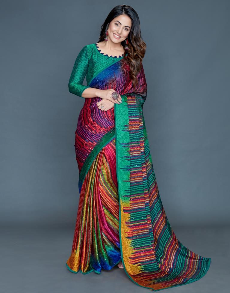 Multicolored Coloured Silk Crepe Printed, Embellished Partywear saree | Leemboodi