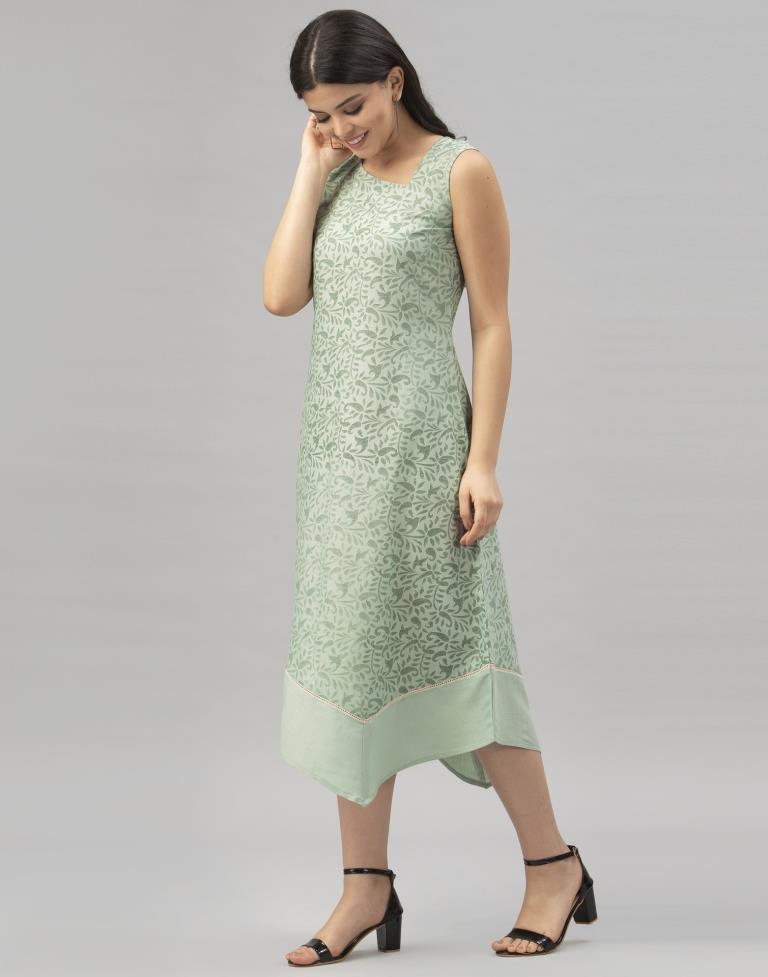 Voguish Pista Green Coloured Printed Diva Slub Dress | Leemboodi