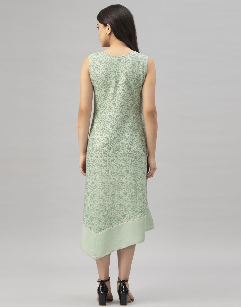 Voguish Pista Green Coloured Printed Diva Slub Dress | Leemboodi