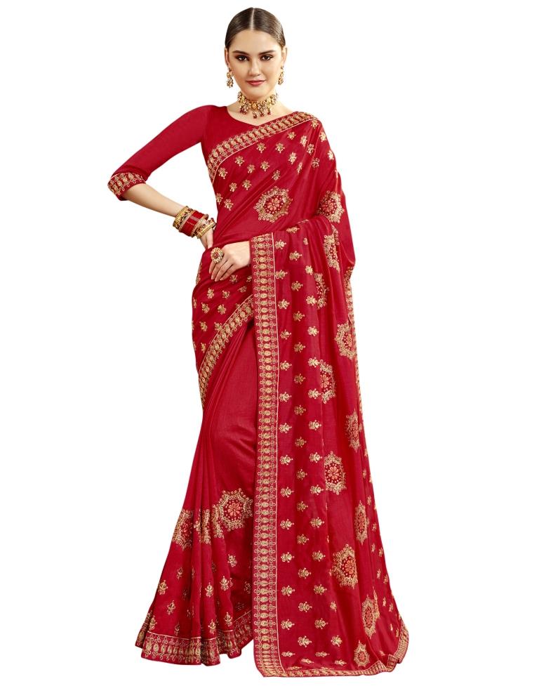 Red Coloured Art Silk Embroidered Embellished Partywear saree | Leemboodi