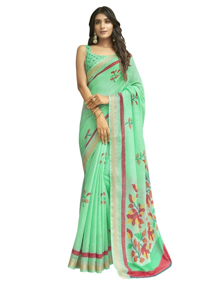 Sea Green Coloured Poly Cotton Printed Casual saree | Leemboodi
