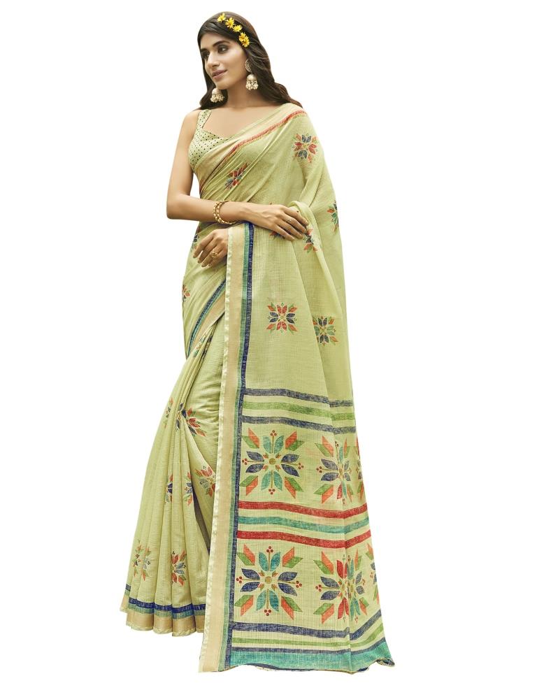 Light Green Coloured Poly Cotton Printed Casual saree | Leemboodi