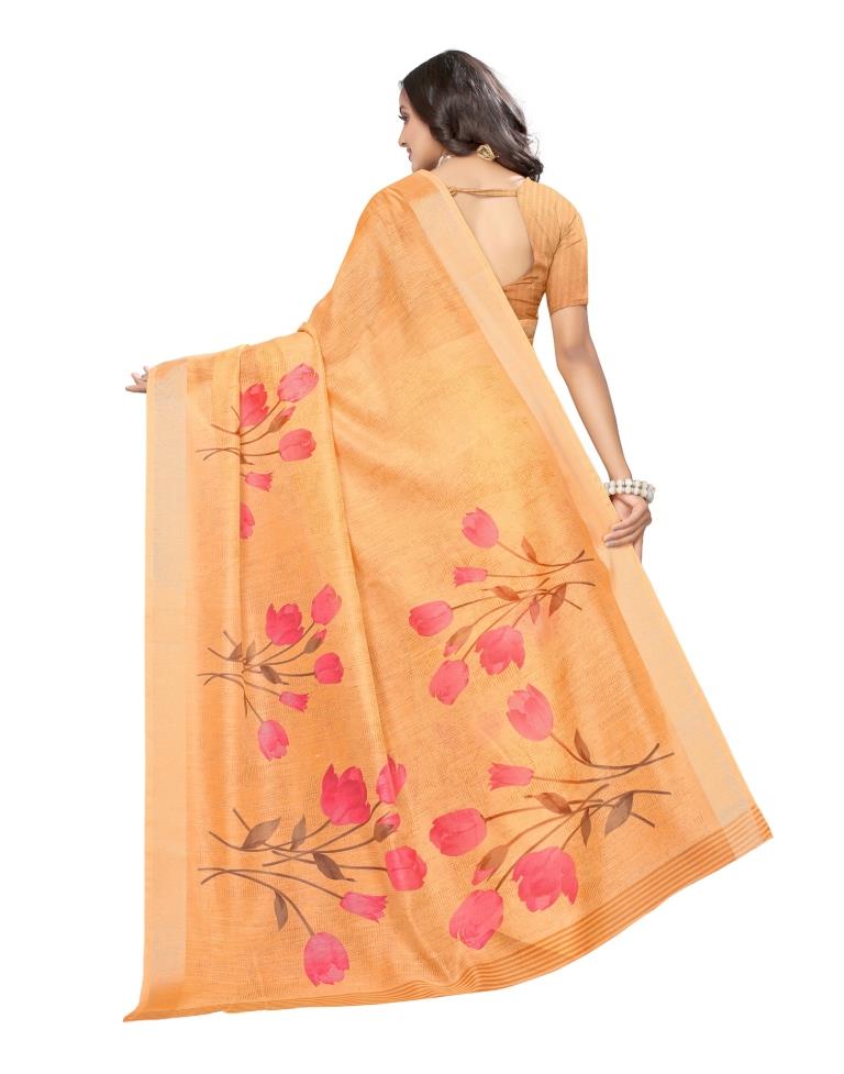 Orange Coloured Cotton Blend Printed Jari Border Partywear saree | Leemboodi