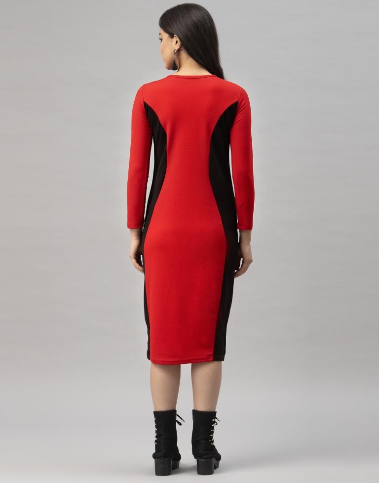 Designer Red Coloured Knitted Lycra Bodycon | Leemboodi