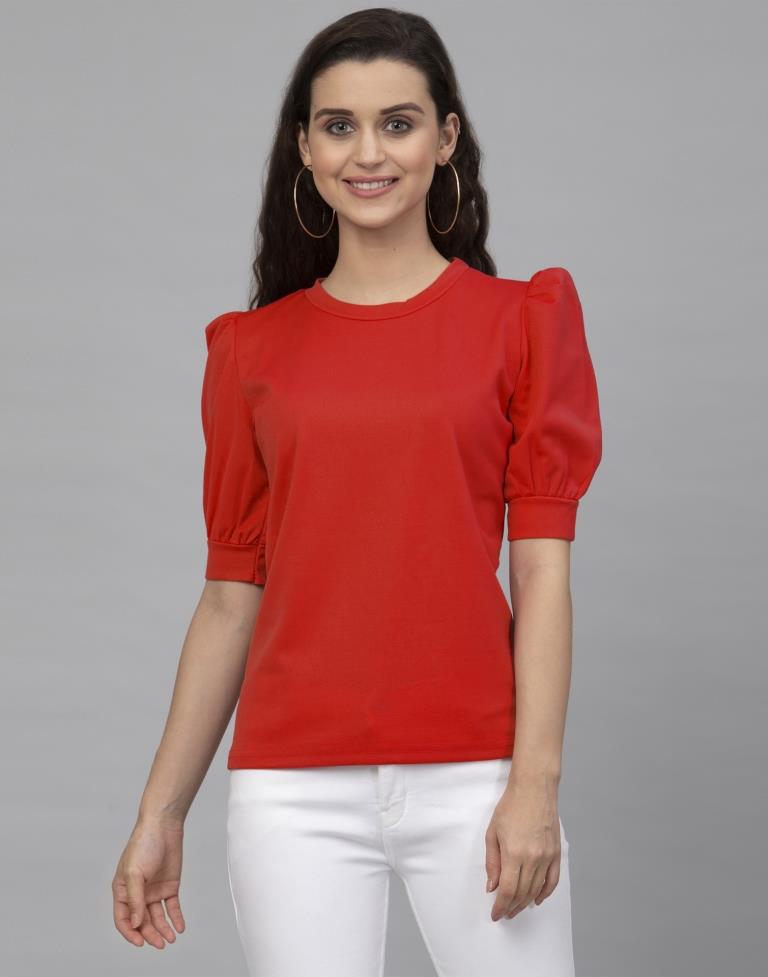 Majestic Red Coloured Knitted Lycra Tops | Leemboodi