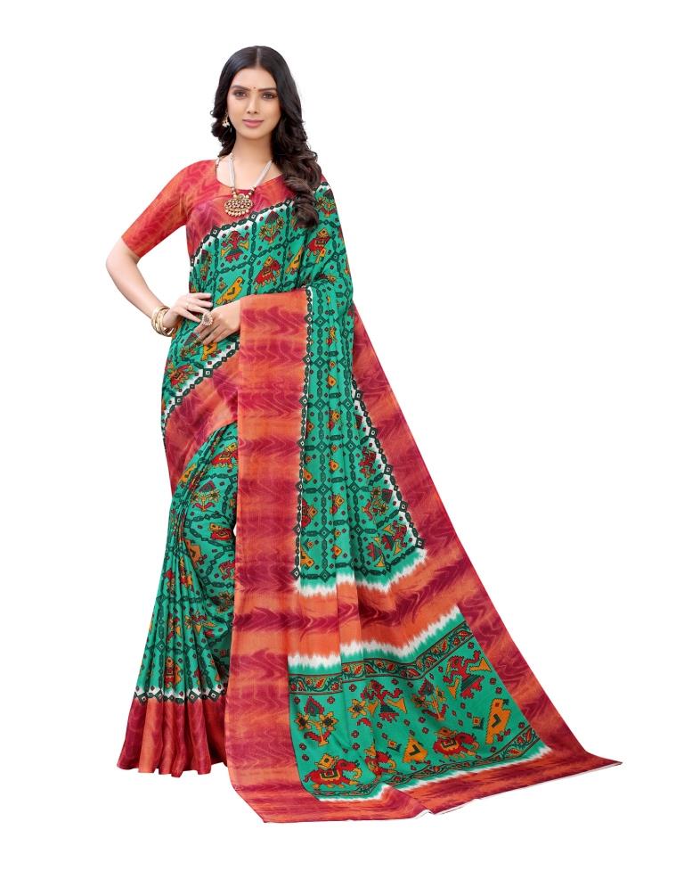 Green Coloured Poly Jute Printed Casual saree | Leemboodi