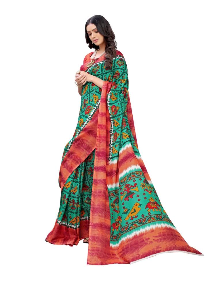 Green Coloured Poly Jute Printed Casual saree | Leemboodi