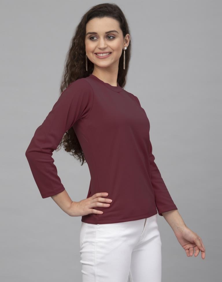 Amiable Maroon Coloured Knitted Lycra Tops | Leemboodi
