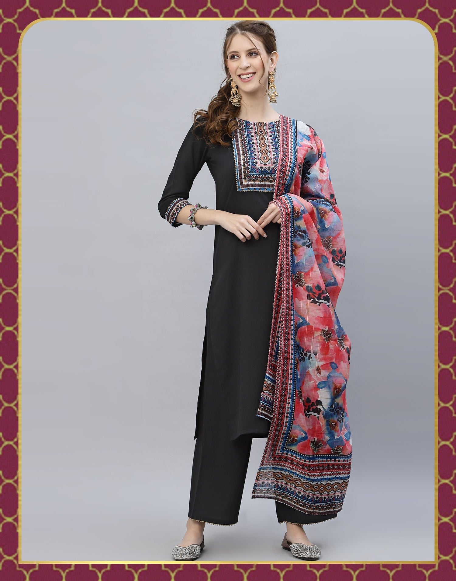 Black Kurti With Pant And Dupatta | Leemboodi