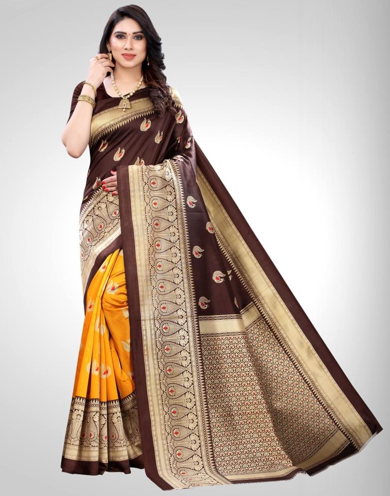 Brown Coloured Poly Silk Printed Partywear saree | Leemboodi