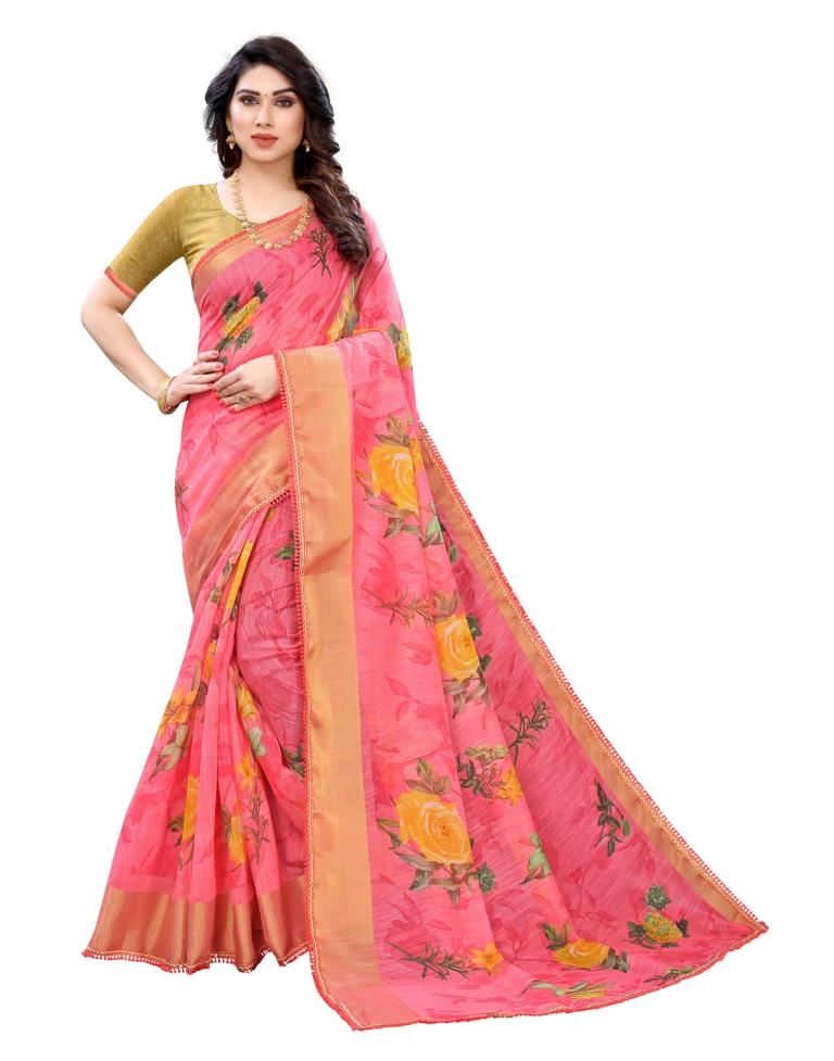 Pink Coloured Poly Cotton Printed Casual saree | Leemboodi