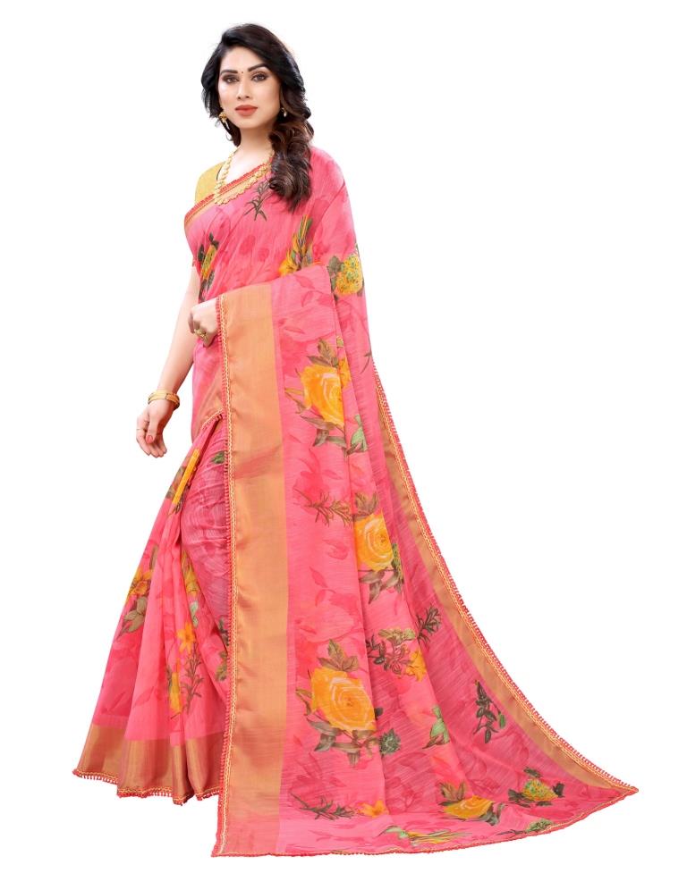 Pink Coloured Poly Cotton Printed Casual saree | Leemboodi