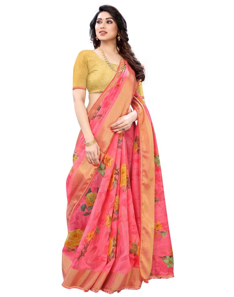 Pink Coloured Poly Cotton Printed Casual saree | Leemboodi