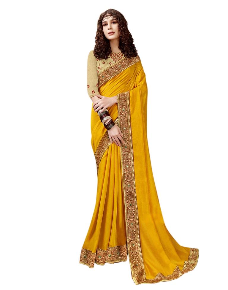 Mustard Yellow Coloured Poly Silk Jacquard Partywear saree | Leemboodi
