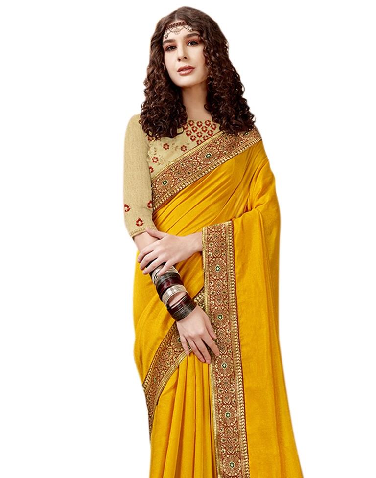 Mustard Yellow Coloured Poly Silk Jacquard Partywear saree | Leemboodi