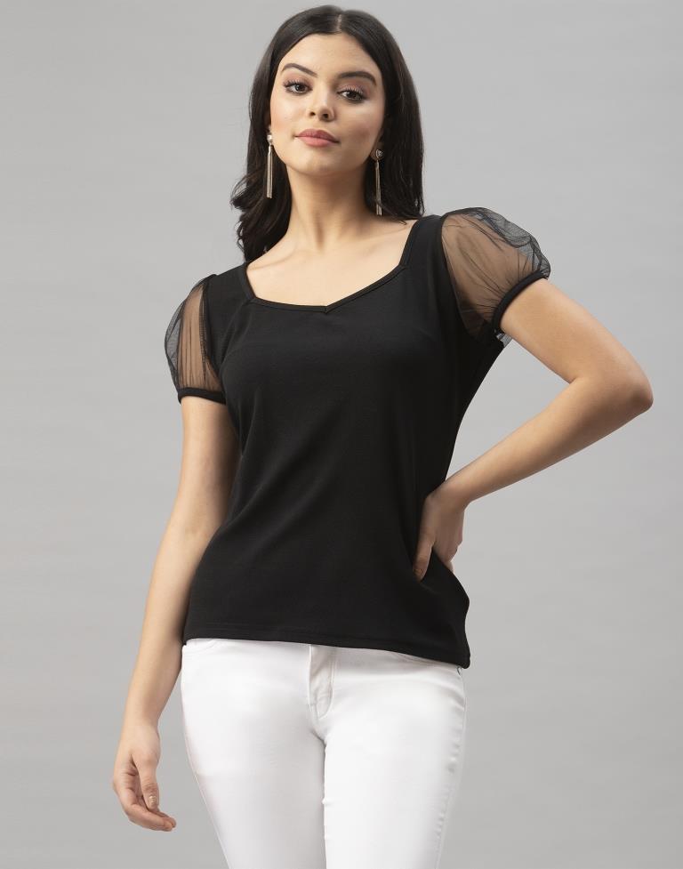 Dazzling Black Coloured Knitted Lycra Tops | Leemboodi