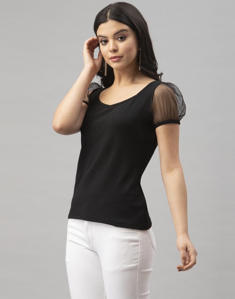 Dazzling Black Coloured Knitted Lycra Tops | Leemboodi